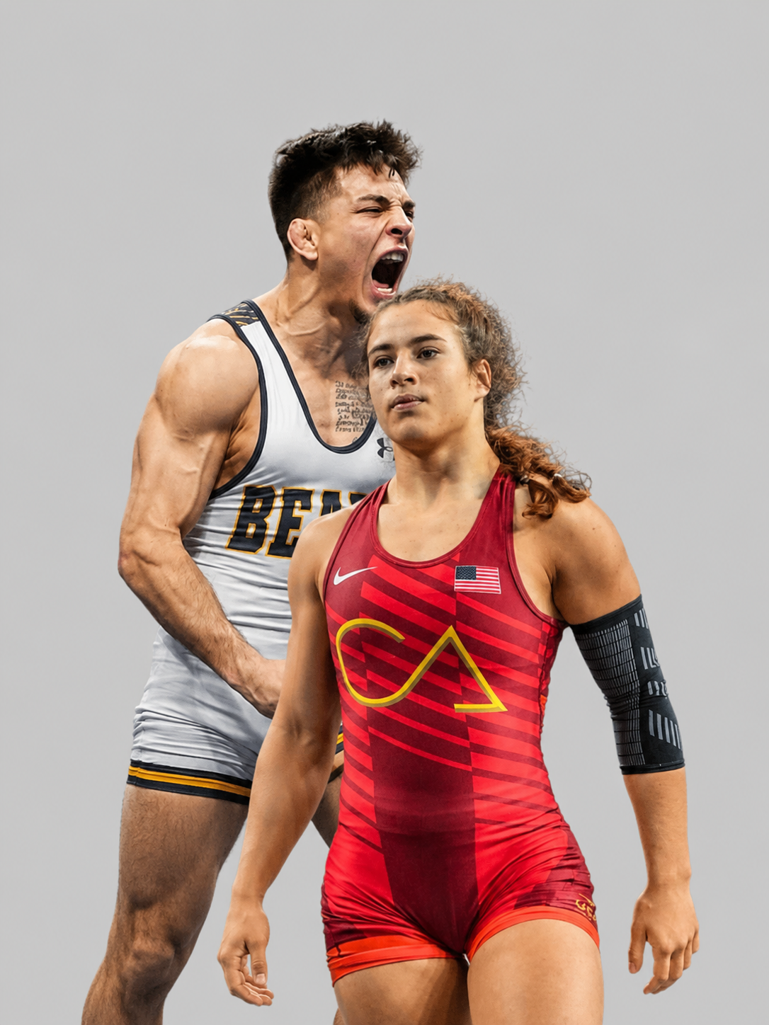 Andrew Alirez and Eduarda "Duda" Rodrigues in competition singlets